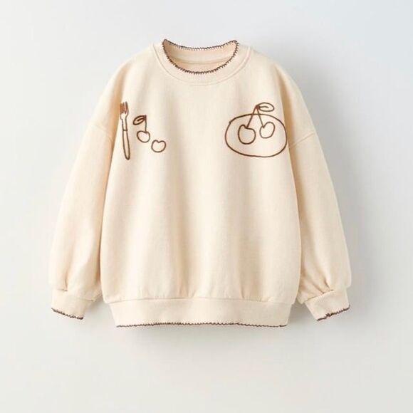 Zara Other - Zara Embroidered Beige Fruit Jam Cherry Whimsical Crewneck Girls Sweatshirt Sz 6
